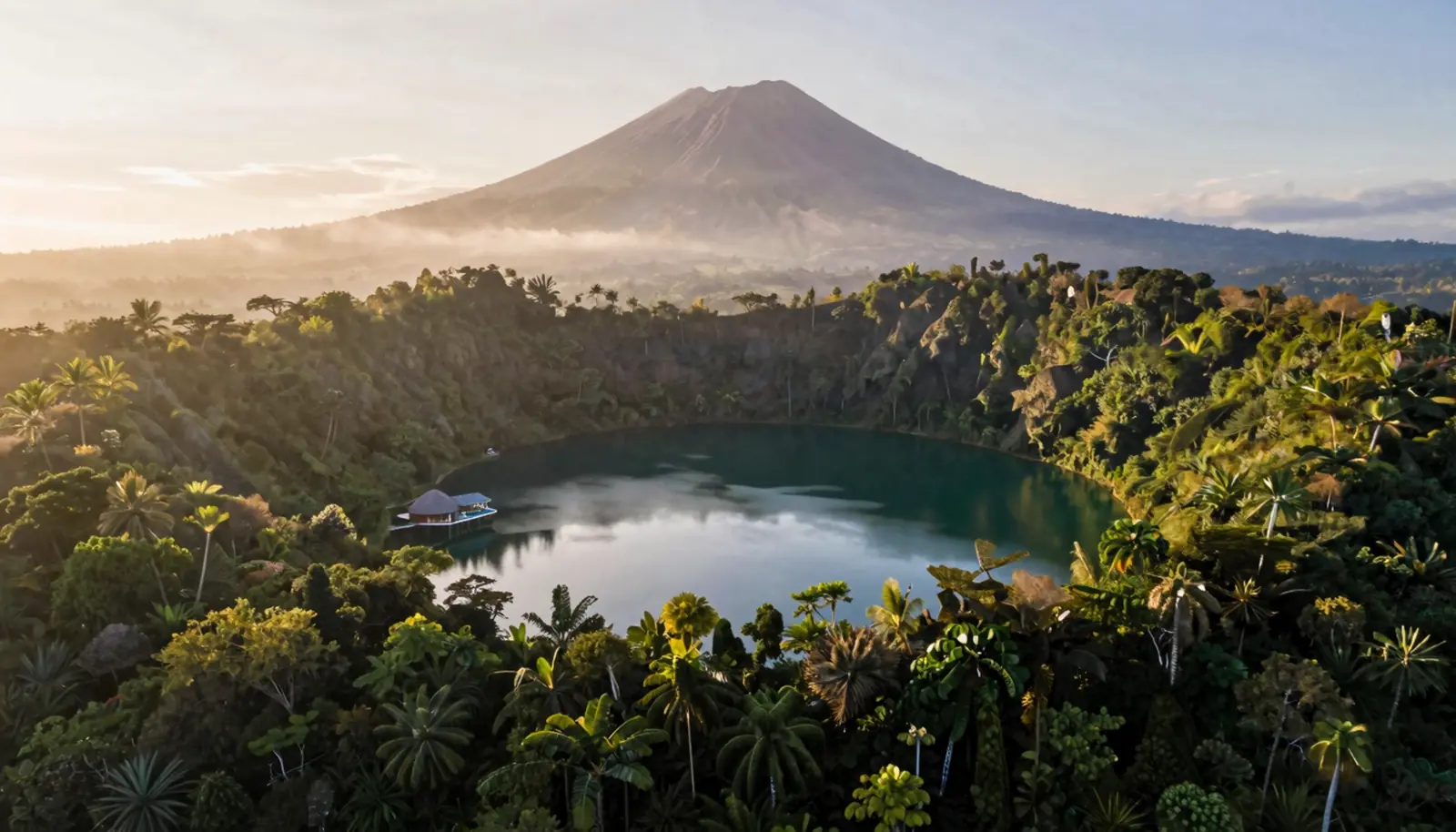 An emerald volcanic crater-lake resort at the foot of a volcano in North Maluku