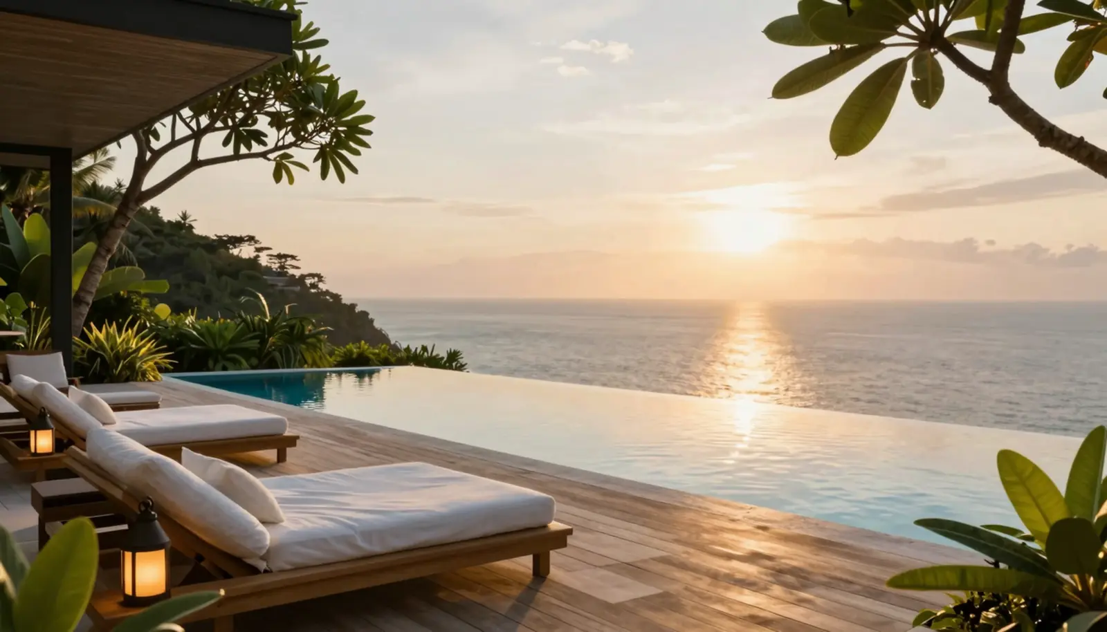 A clifftop infinity-pool villa at golden hour