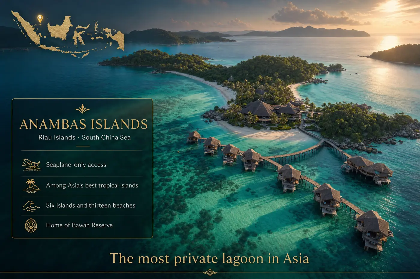 Anambas Islands at a glance — Six private islands reachable only by seaplane. The most exclusive lagoon in Southeast Asia.