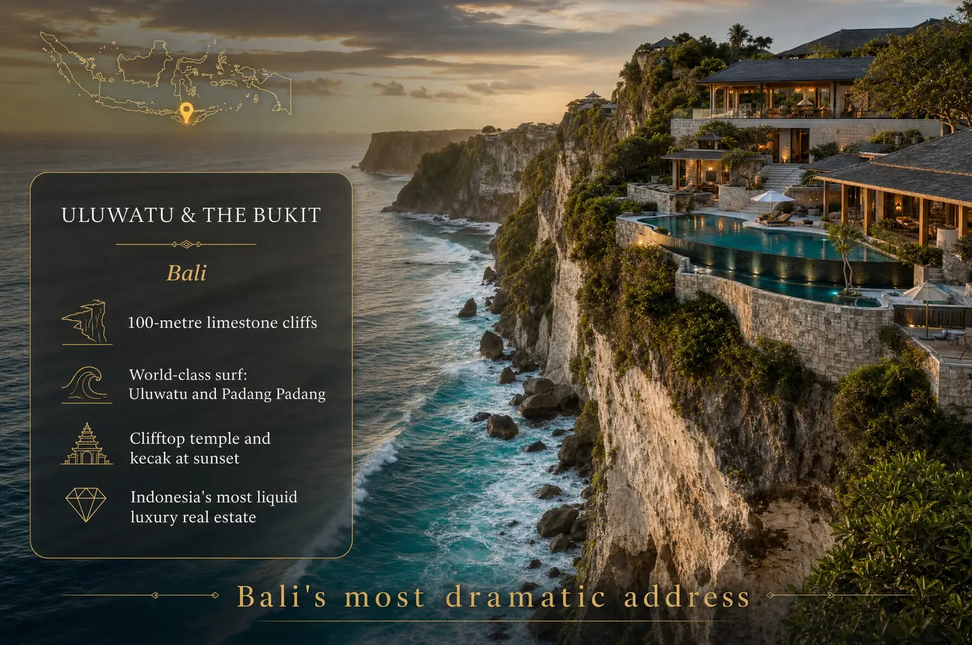 Uluwatu & The Bukit at a glance — Limestone cliffs, world-class waves, and the most coveted clifftop villas in Asia.