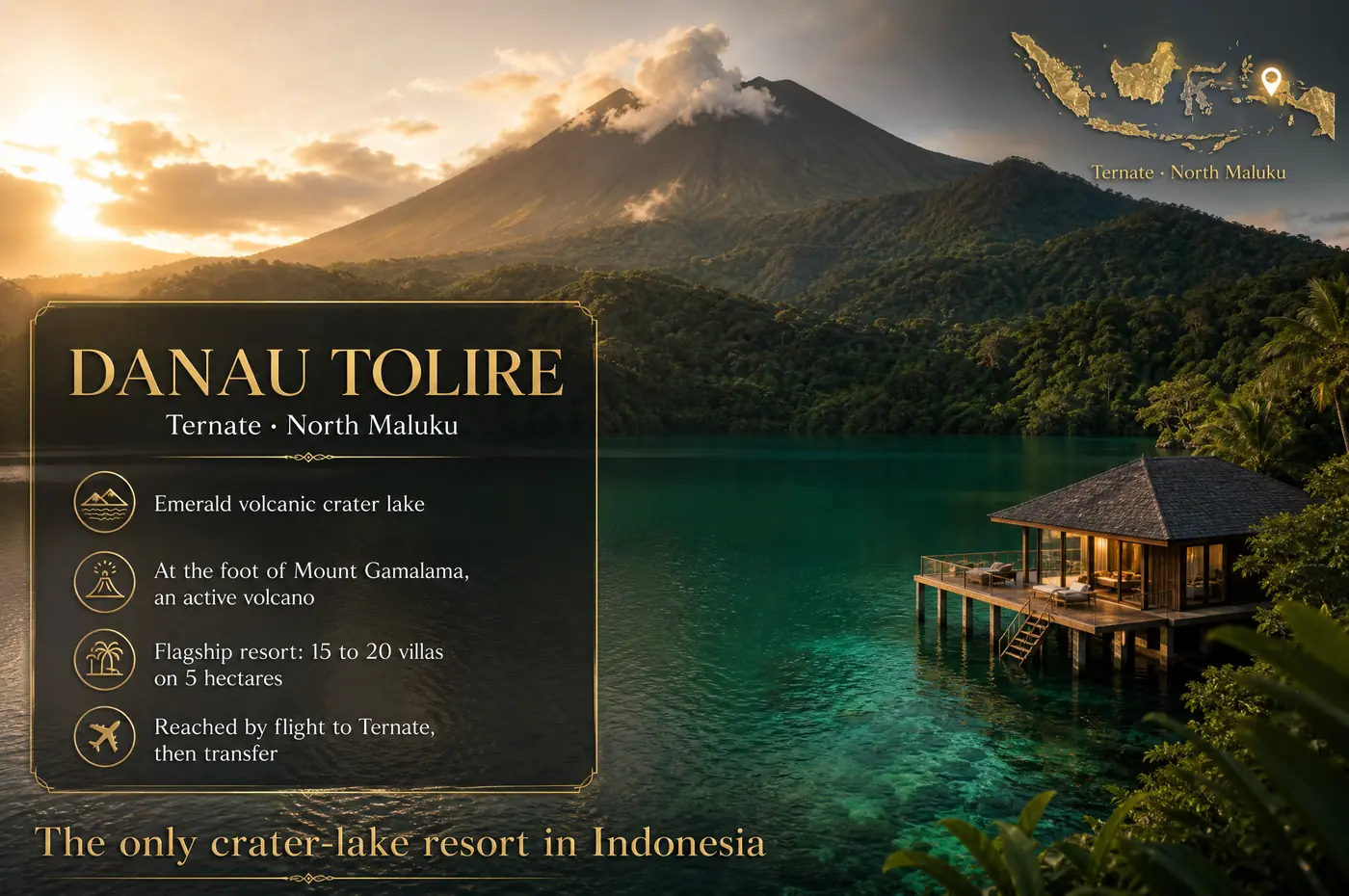 Danau Tolire, Ternate at a glance — The only ultra-luxury resort on a volcanic crater lake at the foot of an active volcano. Our flagship hidden paradise.