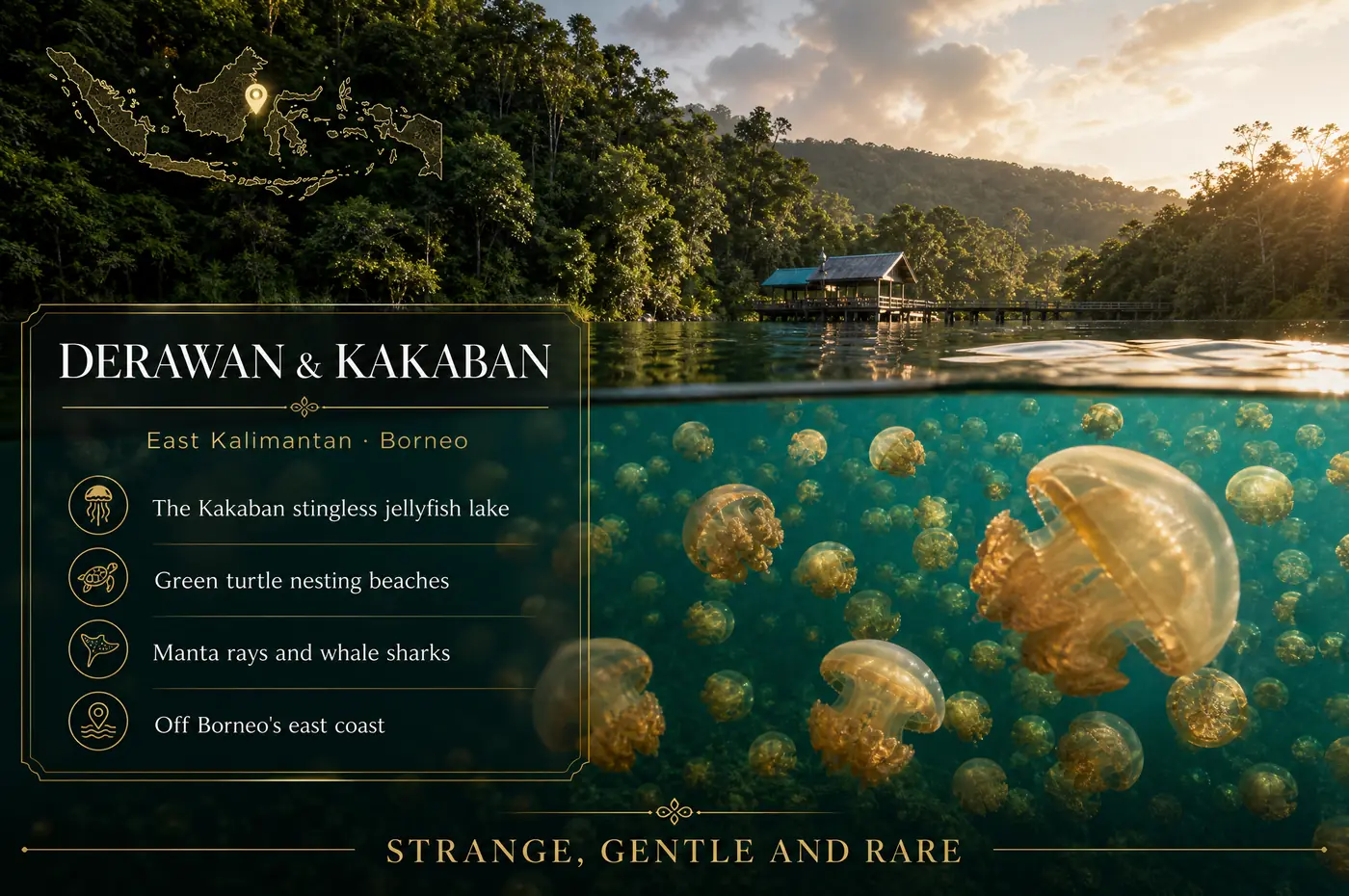 Derawan & Kakaban at a glance — Swim in a lake of stingless jellyfish; share the shallows with green turtles and whale sharks.