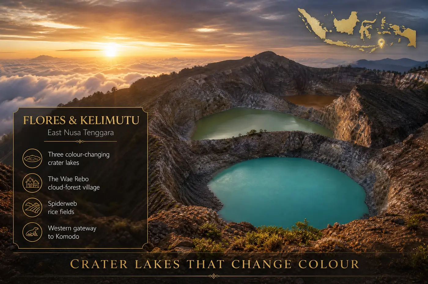 Flores & Kelimutu at a glance — Three colour-changing crater lakes and a coastline of hidden bays. The land bridge to Komodo.