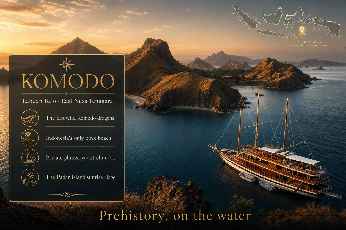 Komodo & Labuan Bajo at a glance — Dragons, a pink beach, and a fleet of private phinisi yachts. The most cinematic seascape in Indonesia.