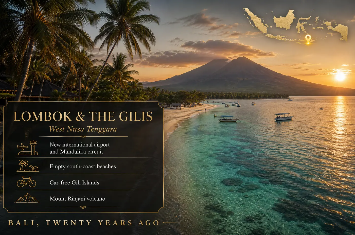 Lombok & The Gili Islands at a glance — Bali's quieter neighbour: empty south-coast beaches and three car-free islands ringed by reef.