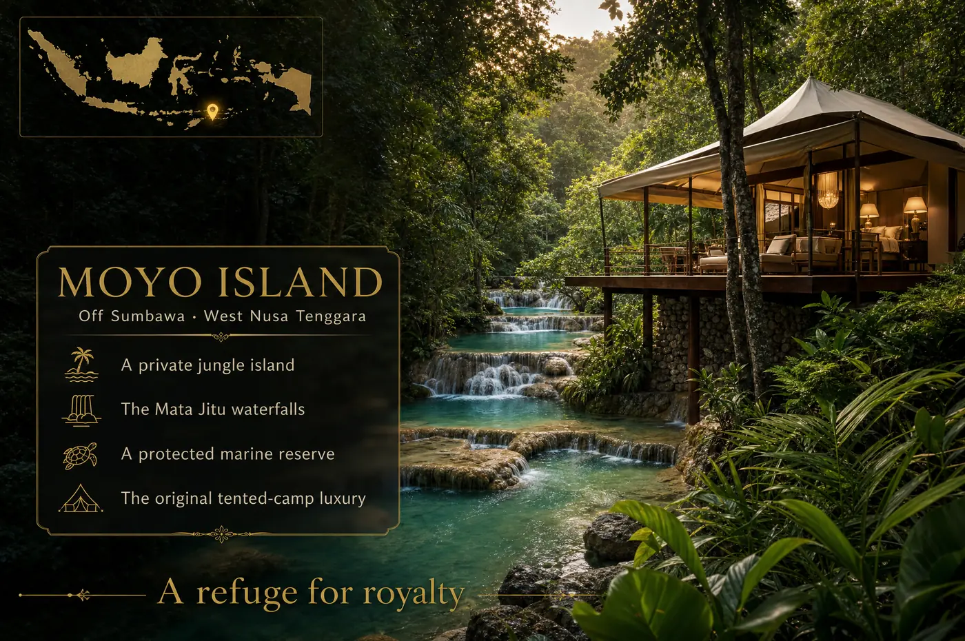 Moyo Island at a glance — A jungle-and-waterfall private island that hosted royalty. Tented luxury at its origin.