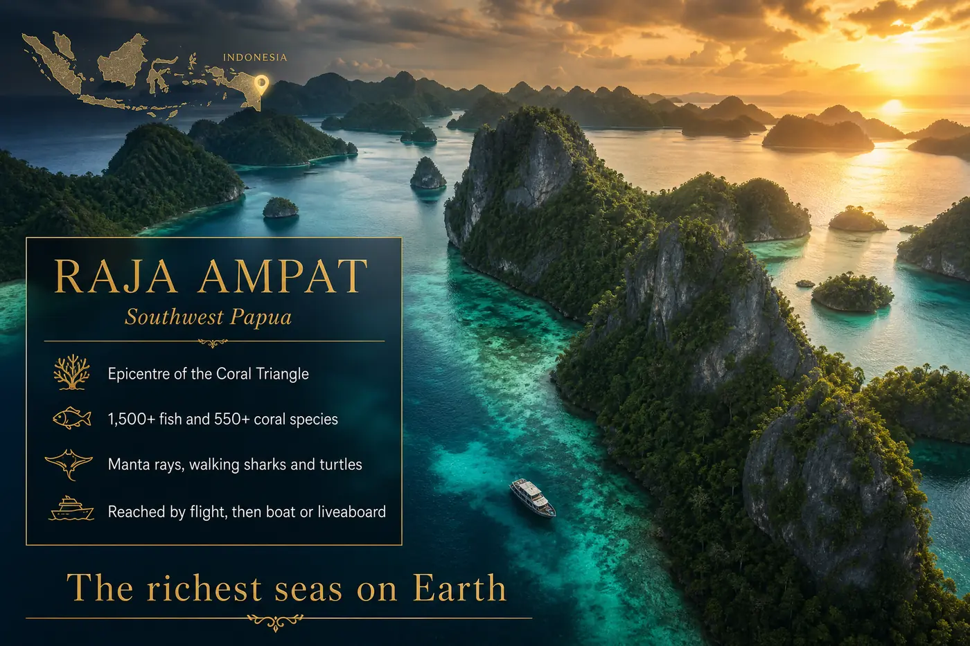 Raja Ampat at a glance — The richest marine biodiversity on Earth. Private overwater villas above reefs that scientists travel the world to study.