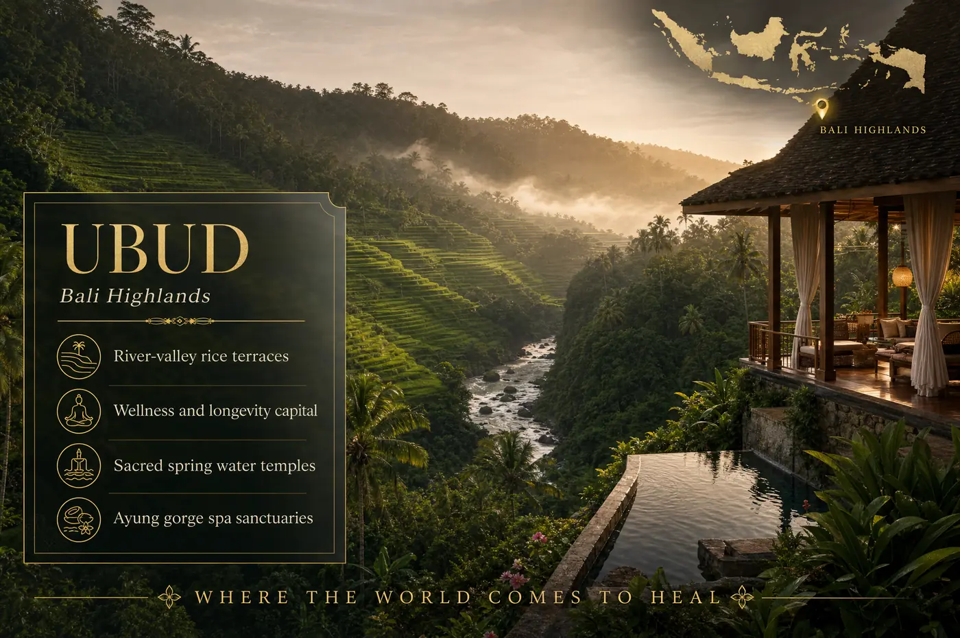 Ubud at a glance — River-valley jungle, sacred springs, and the world's deepest concentration of longevity and wellness retreats.