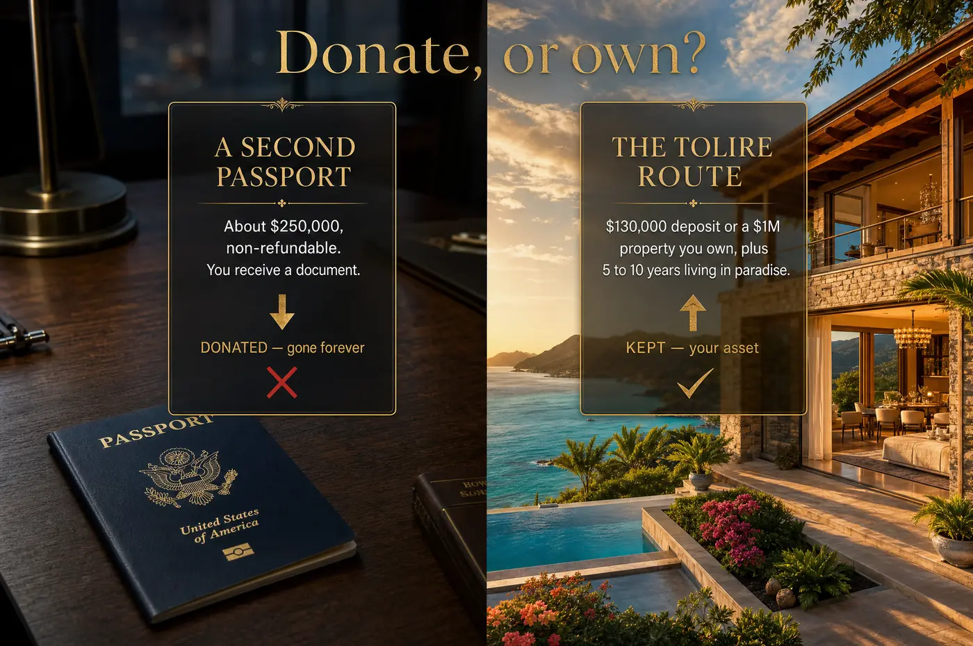 Donate or own: a second passport costs about $250,000 donated and gone for a document, while the Tolire route keeps your $130,000 deposit or $1M property as an asset, plus 5 to 10 years living in paradise.